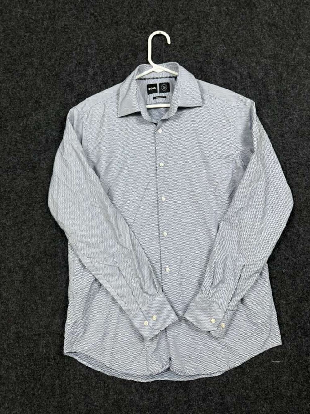 BOSS Performance Dress Shirt Men's L 16.5 Blue White Geometric Regular Fit